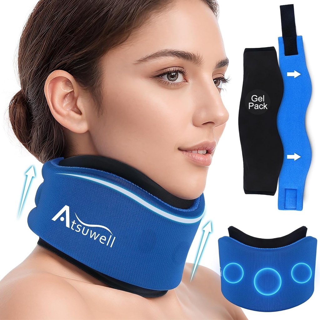 Atsuwell Neck Brace for Sleeping, Soft Cervical Collar for Support, Adjustable Neck Duck with Hot Cold Gel Packs Reworthy for Office Pressure, Fatigue, Blue
