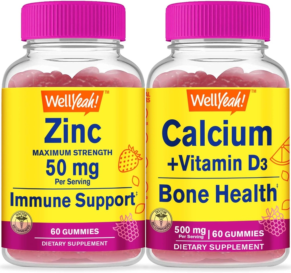 WellYeah Zinc + Calcium + Vitamin D3, Gummies Bundle - Great Tasting, Vitamin Suplemen, Gluten Bebas, GMO Bebas, Gummy Chewable