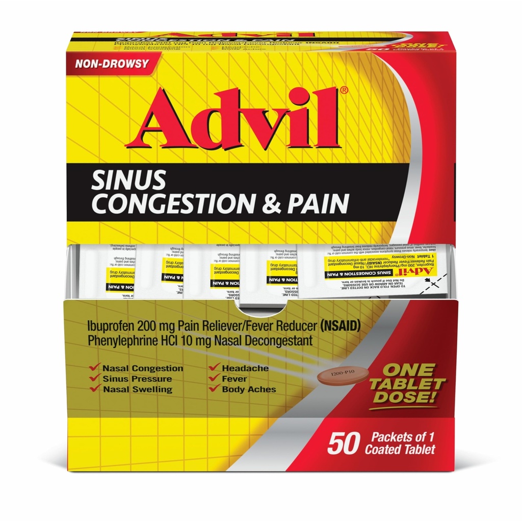 Advil Sinus Contrable and Pain, Sinus Relief Medicine, Suin Reliever and Fever Reducer with Ibuprofen and Phenylephrine HCI - 50 Coated Tablets
