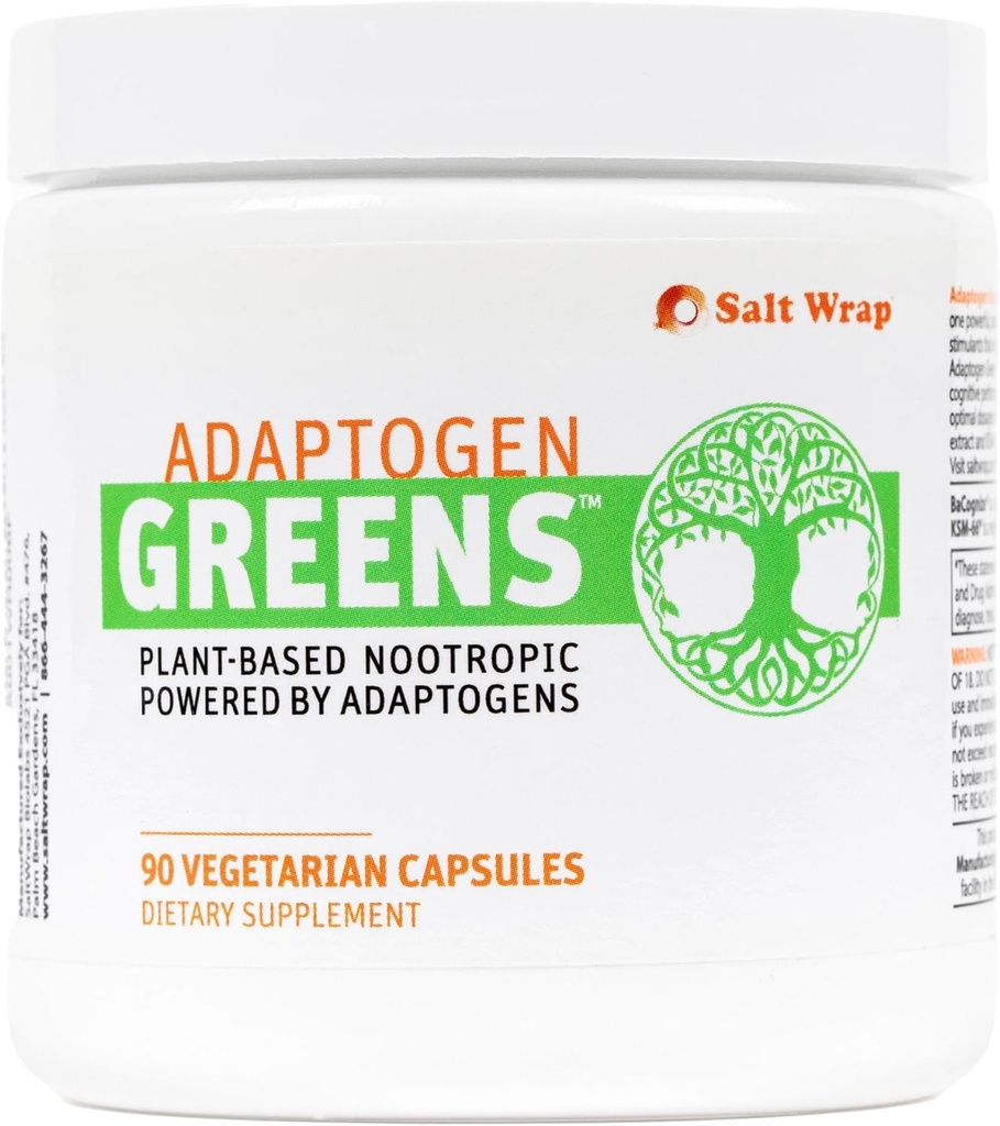 SaltWrap Adaptogen Greens - Mind-Body Resilience Formula - Caffeine- Free Nootropic untuk Stress, Focus, and Cognitive Performance - 90 Capsules