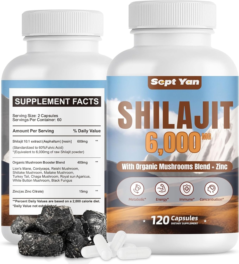 Shilajit Himalaya Capsules - Pure Himalaya Organik Suplemen dengan Mushroom Blend, Zinc - 2 Bulan Supply untuk Kekuatan, Stamina, Otak & Imune Kesehatan - Shilajit untuk Perempuan & Pria 120 Count Vegan
