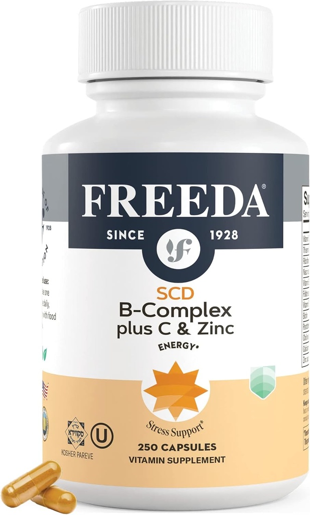 FREEDA Complex B Complex with Vitamin C & Zinc - SCD Legal Vitamin B Complex (B1, B2, B3, B6, B12) - 250 Vegetarian Capsules, Diterima untuk Semua Termasuk SCD Diet Followers, Dukungan Kesehatan Harian