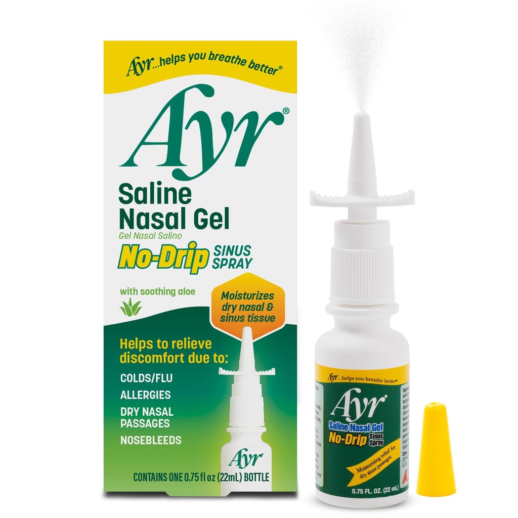 Ayr Saline Nasal Gel No- drip Sinus Spray With Soothing Aloe Vera, 0.75 Fl Oz Spray Bottle, (Paket 1)