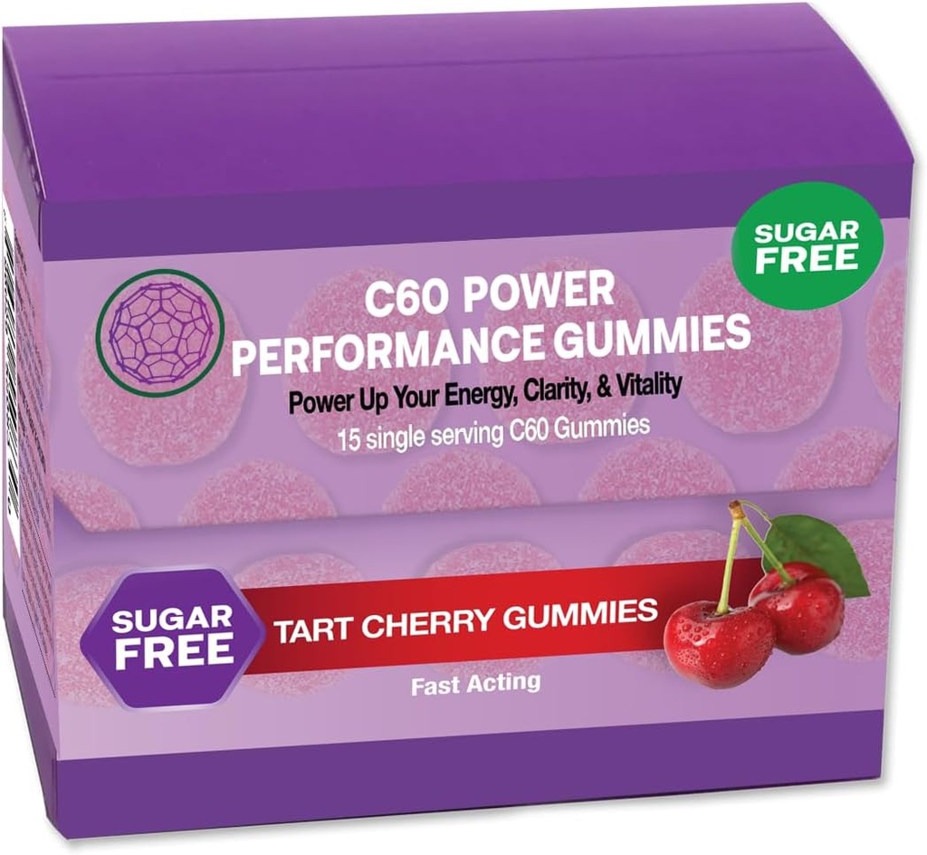 C60 Power Gummies, 1 Box of 15 Servings Sugar- Free Tart Cherry - 99,99% Pure, Sublimated C60Carbon Fullerenes dan Organic Coconut Oil, dibuat di Amerika Serikat, Menyediakan Kejelasan Energi & Mental