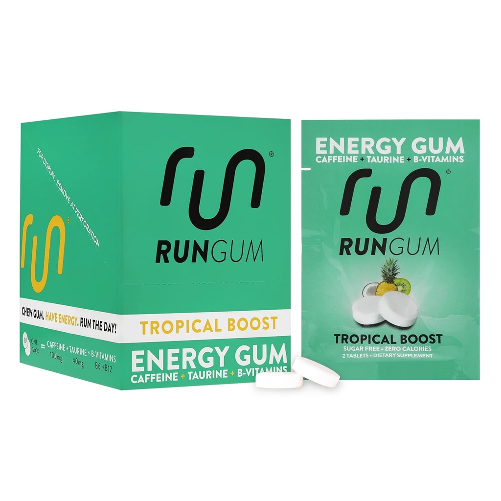 RoUN GUM Tropis Energy Chewing Gum 50mg Caffeine Taurine & B-Vitamin Per Piece, 24 Pieces (Paket 12) Sugar Free, Zero Calorie, No Aspartame, dan Gluten Free 1 ea