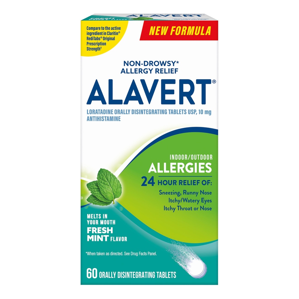 Alavert Allergy 24 Hour Relief, Fresh Mint Flavor, Orally Disintegrate Allergy Tablet, Antihistamin yang tidak mengantuk, Loratadine 10mg, 60 Count