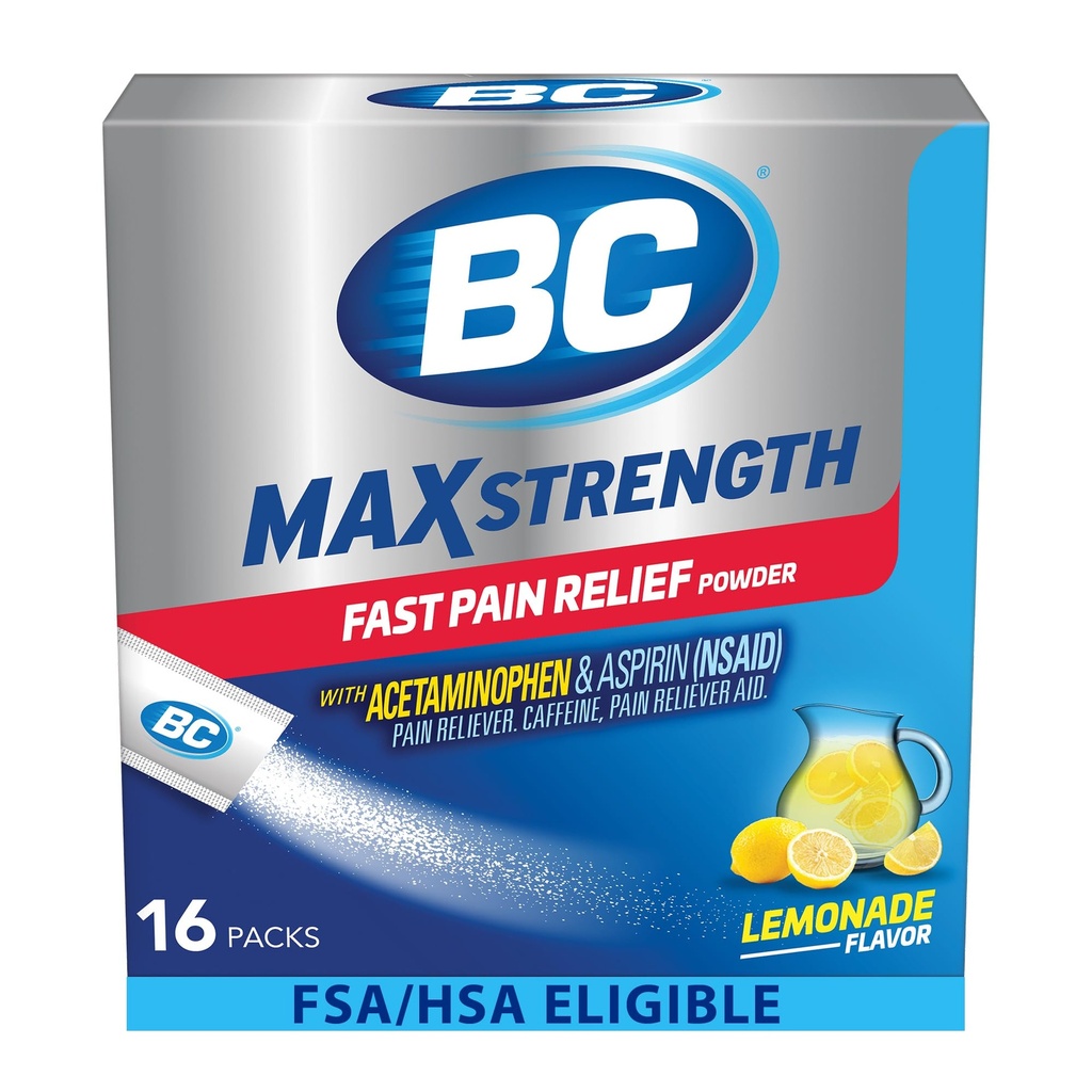 BC MAX Kekuatan Pain Cepat Relief Powder, Lemonade Flavor Aspirin 500mg dan Acetaminopenhen 500mg Dissolve Packs, 16 Count