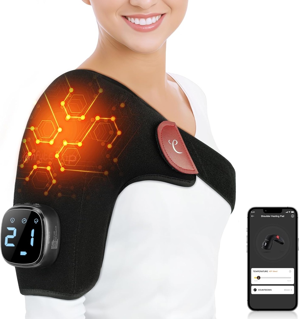Comfytemp Cordless Shoating Pad for Rotator Cuff Pain Relief, Electric Heated Shoulder Bold App Wireless, Gifts for Mom Dad, 9 Heat 10- 30 Timers (No Massage S / M)
