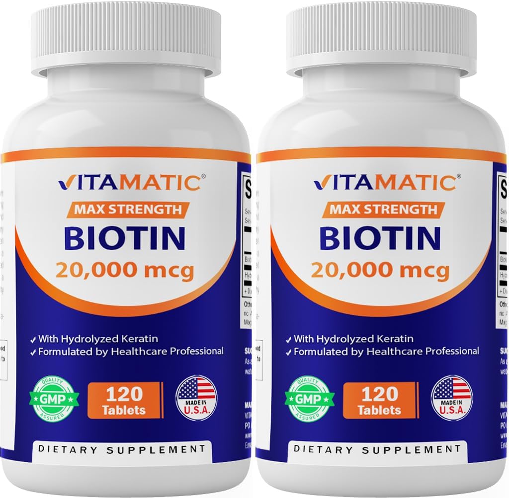 Potency Tinggi Vitamatic Biotin 20000 mcg (20mg) dengan Kertin 100mg - 120 Vegetarian Tablet - Suplemen Biotin untuk Healthy Hair Skin & Nails untuk Dewasa (120 Cacah (Paket 2)
