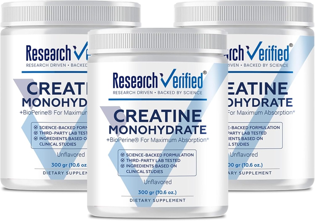 Research Verified Creatine Monohydrate - Dukung Pembangunan Otot Optimal, Performance Enhance - 5000mg Creatine Monohydrate - BioPerine - 180