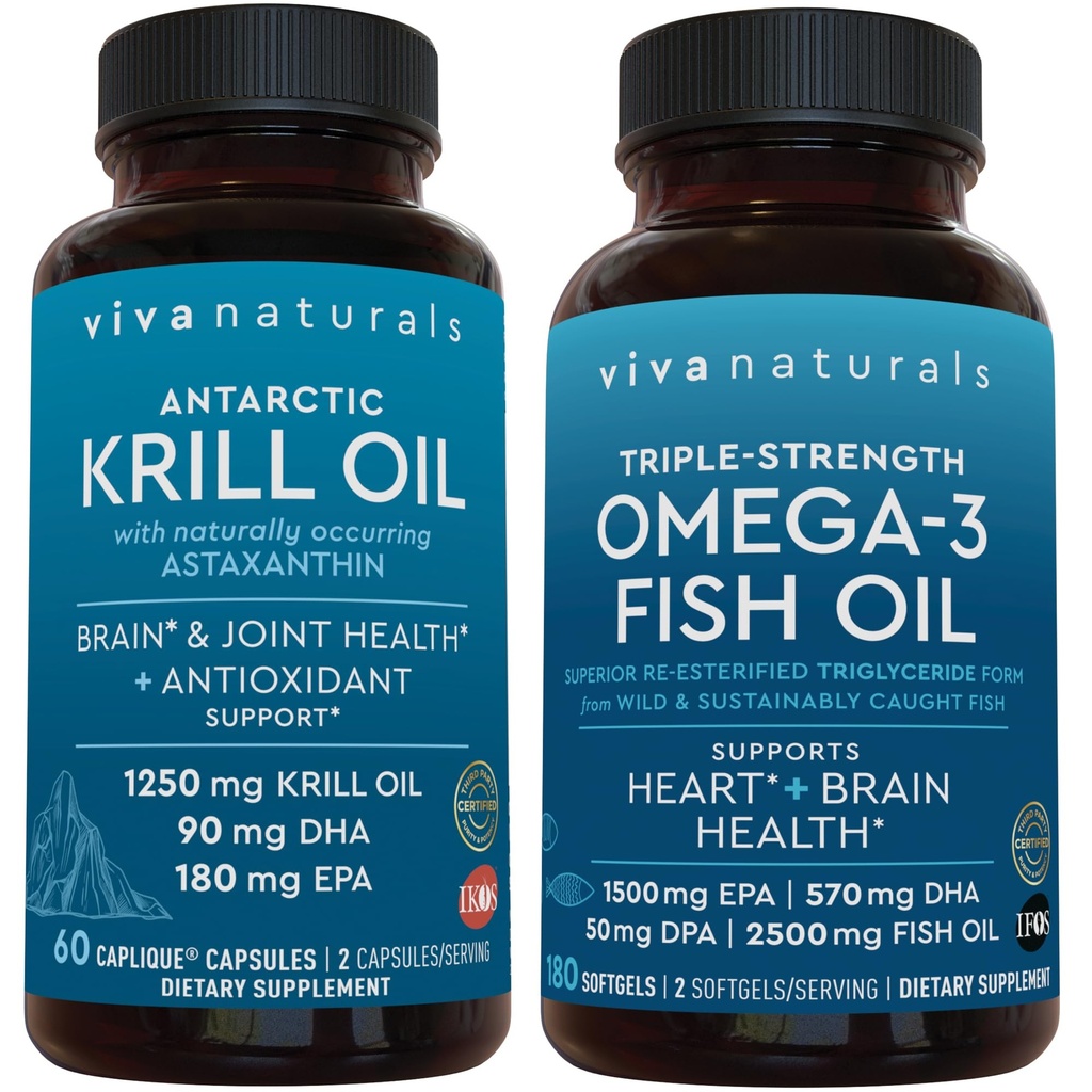 Antartika Krill Oil dan Triple- Kekuatan Omega 3 Ikan Oil Bundle, 1250 mg Krill Oil & 2.200 mg Minyak Ikan Per Serving Menyediakan Omega 3 EPA dan DHA