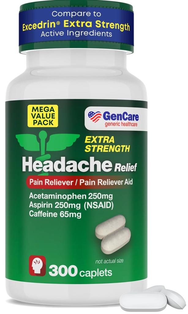 GenCare - Relief Sakit Kepala Acetaminopenhen dengan Aspirin (NSAID) & Caffeine (300 Caplets) Nilai Pack Alag 124; Kepala Pain, Muscle Aches, Back Pain & Body 124; Generik ExcedrEn Extra Kekuatan