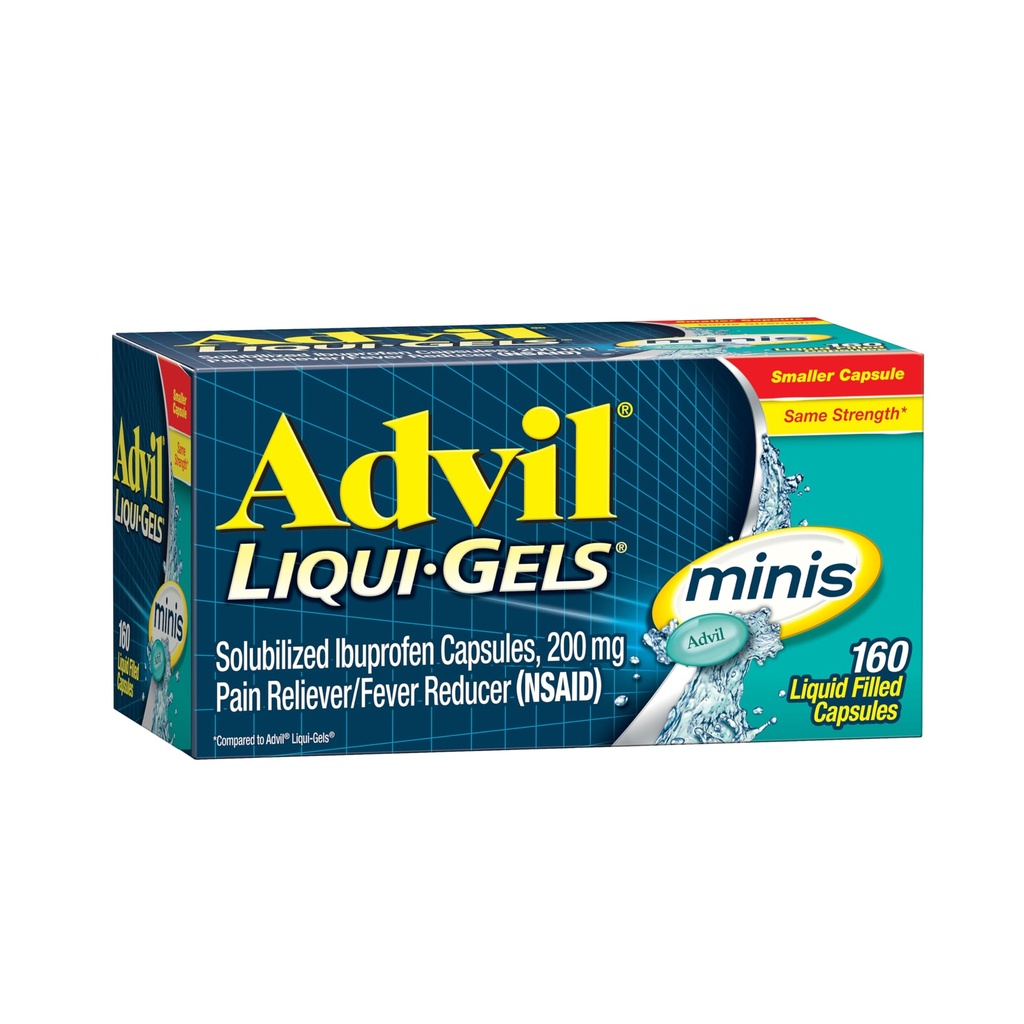 Advil Liqui- Gels Minis Pain Reliever and Fever Reducer, Suin Medicine for Adults with Ibuprofen 200mg for Pain Relief - 160 Liquid Filed Kapsul