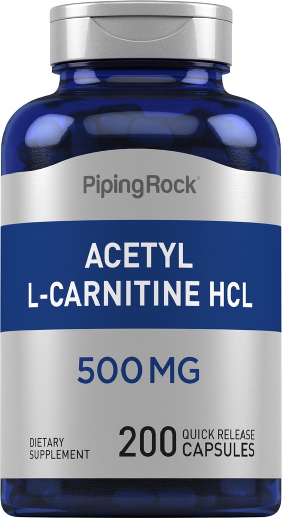 Piping Rock Acetyl L- Carnitine HCL 124; 500 mg 124; 200 Powder Capsules 12.4; Non-GMO, Gluten Free Suplemen