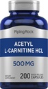 Piping Rock Acetyl L- Carnitine HCL 124; 500 mg 124; 200 Powder Capsules 12.4; Non-GMO, Gluten Free Suplemen