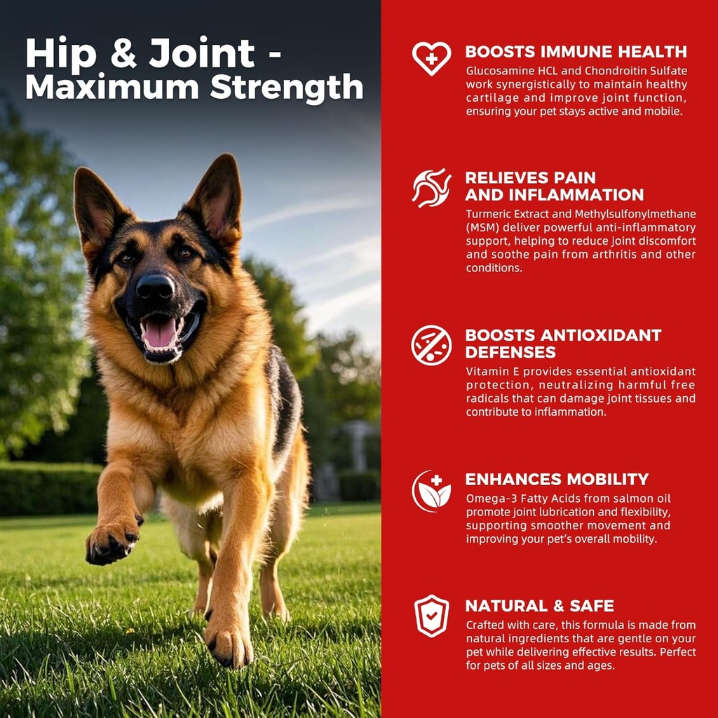 Dog Hip and Joint Suit Relief Anti Inflammatory with Glucosamine, Chondroitin, MSM, Turmeric, Vitamin E, Omega 3 - Treats Hip Dysplasia, Arthritis - All Large Small Medium Breed