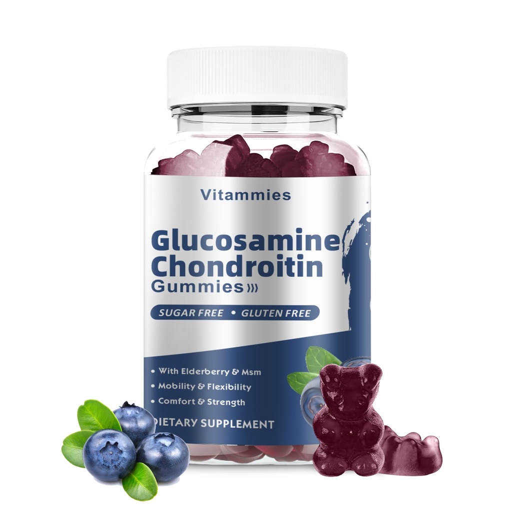 Glucosamin Chondroitin Gummies dengan MSM & Elderberry Extra Strength - Dukungan Bersama, Dukungan Ammune Antioksidasi untuk Dewasa, Pria & Perempuan, Minemen, koenzim Q10, DHA- 60 Blueberry Gummies
