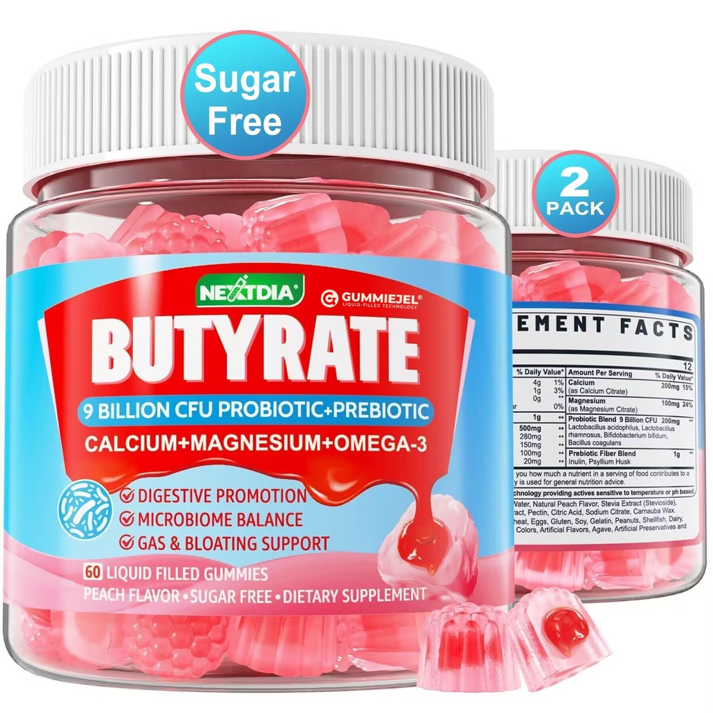 Butyrate Gummies dengan Probiotic + Prebiotic + Postbiotic, Omega-3 500mg, 9 Milyar CFU Progrens dengan Fiber, Calcium & Magnesium, Inulin, Psyllium Husk for Digetical Health, Bloating Support, Sugar Free