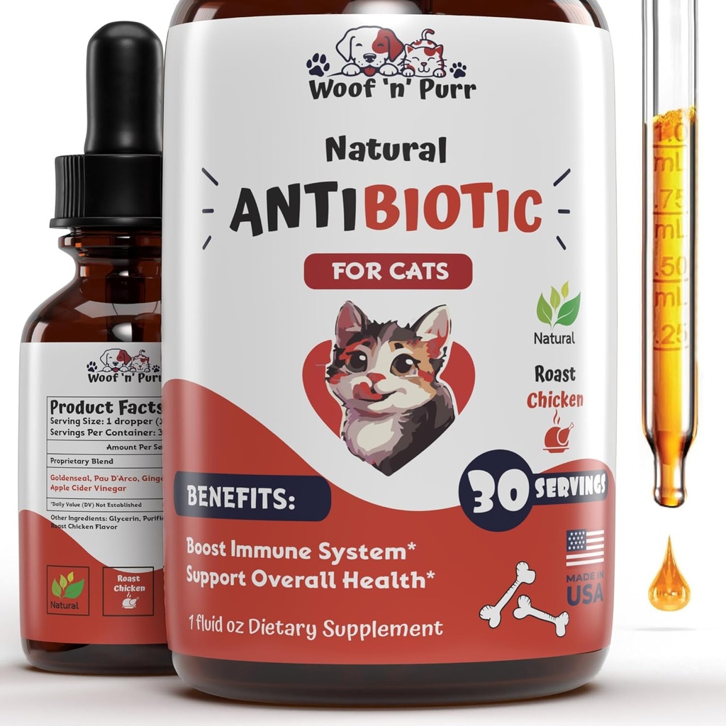 Antibiotik Kucing Alam - Antibiotik Kucing - Antibiotik Pet - Antibiotik Kucing - Bantuan Kucing Kucing - Antibiotik untuk Kucing - Cat UTI Antibiotik - 1 FL Oz: Roast Chicken Flavor