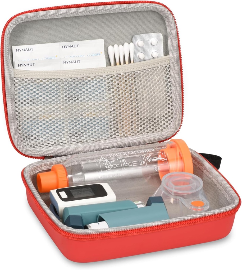 Hard Travel Case for Astma Inhaler and Accessories, with Mesh Pocket for Medicine, Red