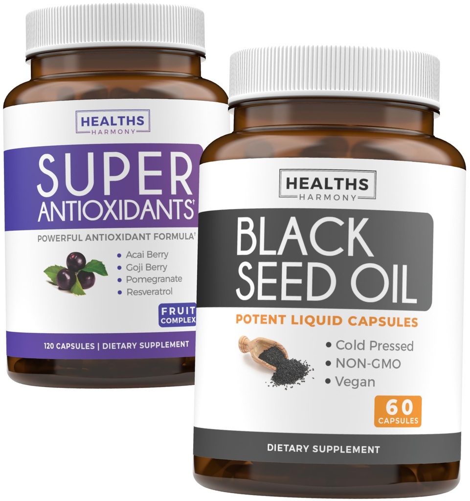 Antioksidants & Black Seed Oil (1- Bulan Suply) Super Antioksidant Suplemen dengan Acai Berry, Goji Berry, Pomegranate & Trans Resveratrol (120 Capsules) & Black Seed Oil (Non-GMO & Vegan) 60 Capsules