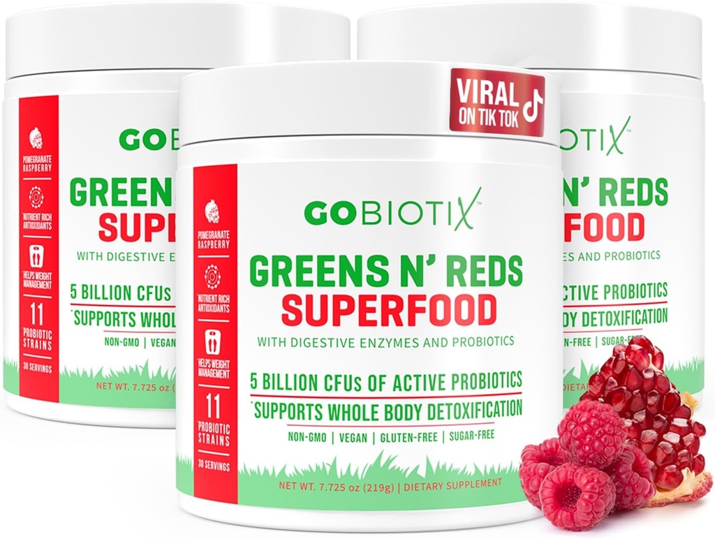 GOBIOTIX Super Greens and Reds Powder - Red and Green Superfood - Probiotic Suplement - Digetical Enzymes and Beet Root Powder - Organic Whole Foods Diet Supplemen (Pom Raspberry, 3 Pack)