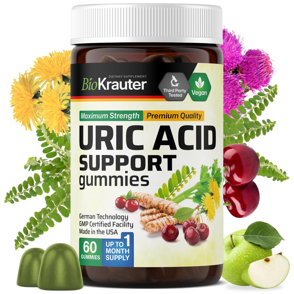 BIO KRAUTER Uric Acid Dukung Gummies - 60 Vegan Chews - Uric Acid Dukung w / Tart Cherry & Chanca Piedra 4: 1 Ekstraksi - Supplemen Natural Ginjal w / Milk Thistle and Turmeric