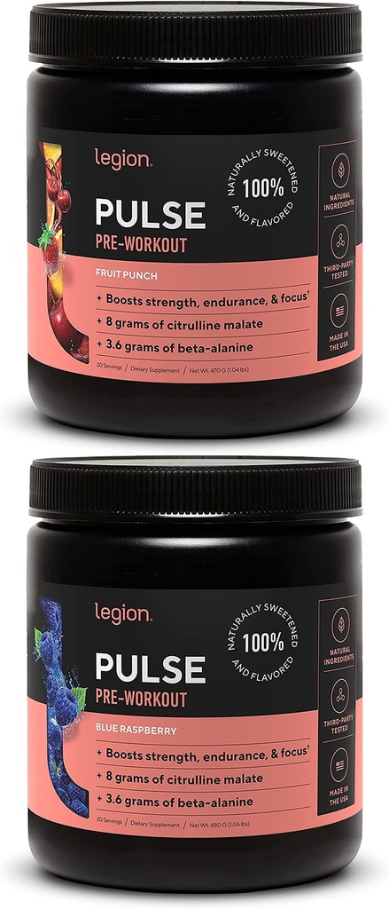 LEGION Pulse Pra Workout Suplemen - Semua Oxide Natural Nitric Pretraining Minum untuk Boost Energy, Creatine Free, alami Sweetened, Beta Alanine, Citrulline, Alpha GPC (Fruit & Blue Raspberry)