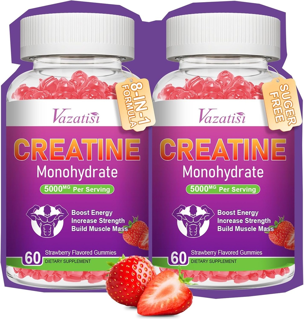 2 Pack Creatine Monohydrate Gummies for Women & Men, Sugar Free Vegan Creatine Suplement for Build Muscles, Increate Energy & Power, Natural Strawberry Flavor, 120 Count