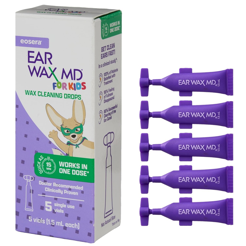 eosera ® Ear Wax untuk Anak-anak - Ear Wax Cleaning Drops, 5pk Vials 126; Fast- Acting 126; Breaks Down & Dissolve Ear Wax in as Little as 1 Treatment 124; Clinically Proven 144; Gentle & Safe & Safe I for Kids Age 2 + Treatment