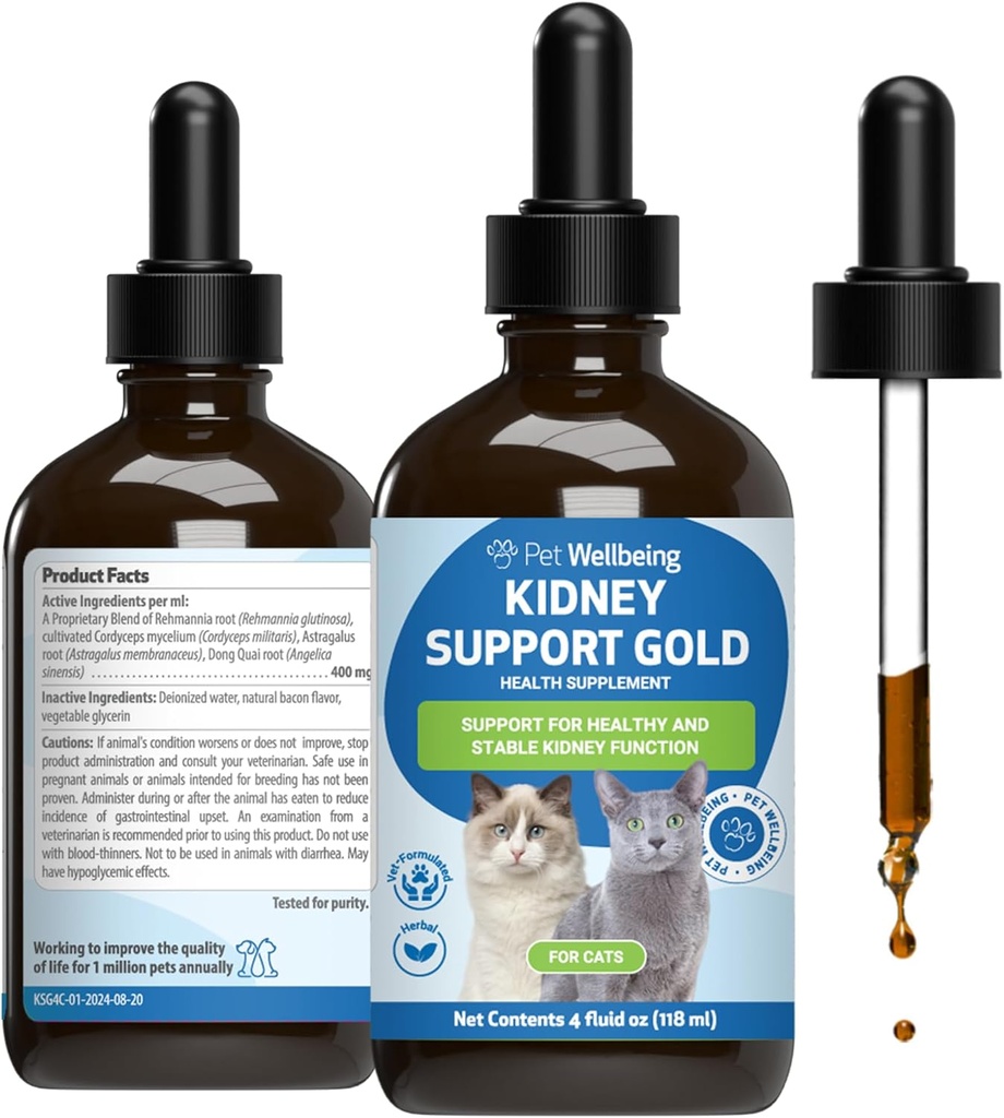 Pet Wellsing Kidney Dukung Gold for Cats - Support Healthy Kidney Fungsi, Keseimbangan Fluid, Tingkat Energi, Rehmannia, Dong Quai - Veterinarian- Formulated Herbal Suplemen 4 oz (118 ml)