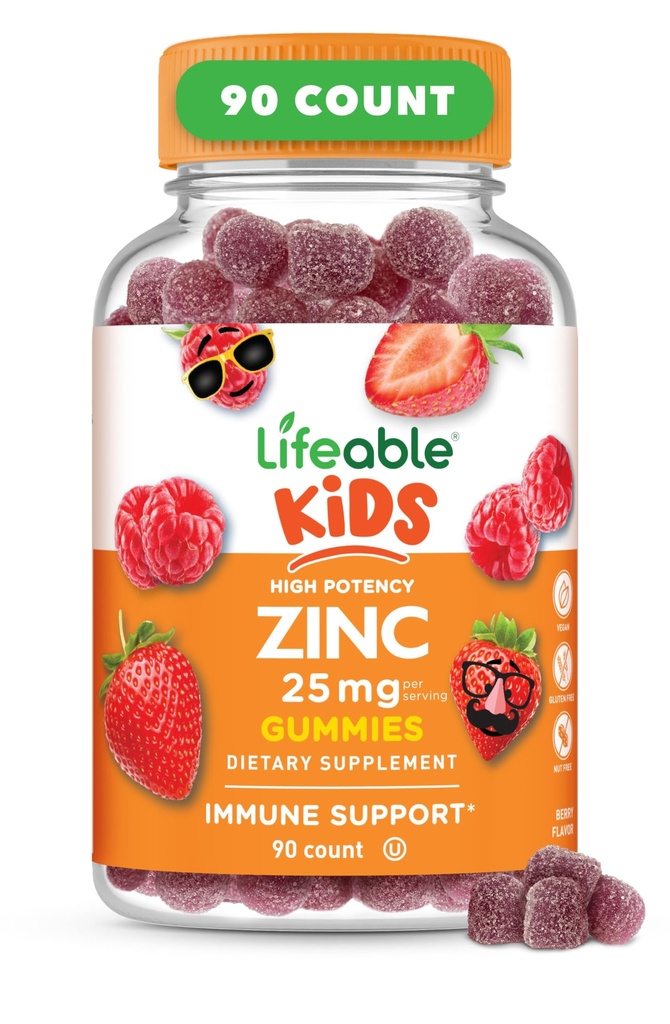Zinc Lifeable untuk Anak-anak; 25mg 124; Great Tasting Natural Flavored Zinc Gummies 124; Gluten Free Vegetarian Non GMO Suplemen 124; Anak-anak Zinc untuk Dukungan Imune 124; 90 Gummi