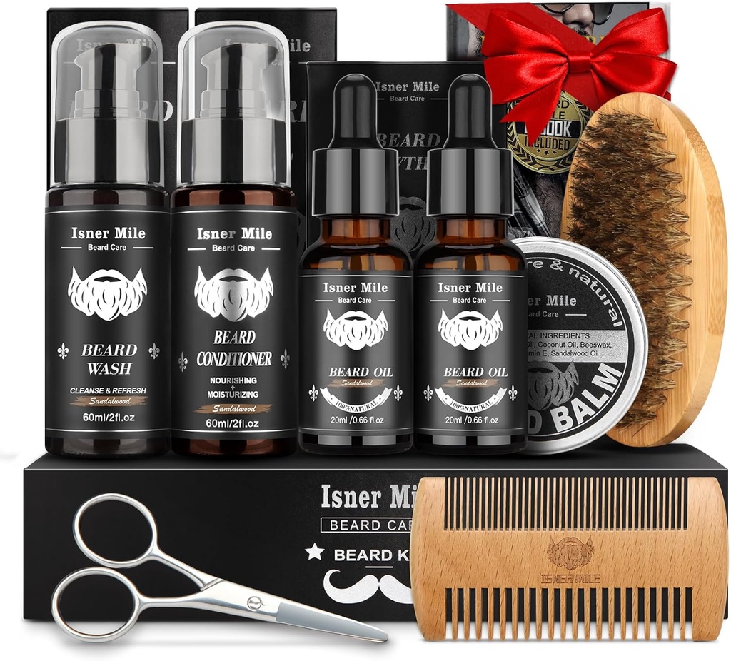 Beard Kit for Men Grooming & Care: with 2 Pack Beard Oils and Balm - Wash & Conditioner for After Shave Lotions Sandalwood, Brush and Comb Sets with Scicerts, Valentines Fathers for Dad / Men / Him