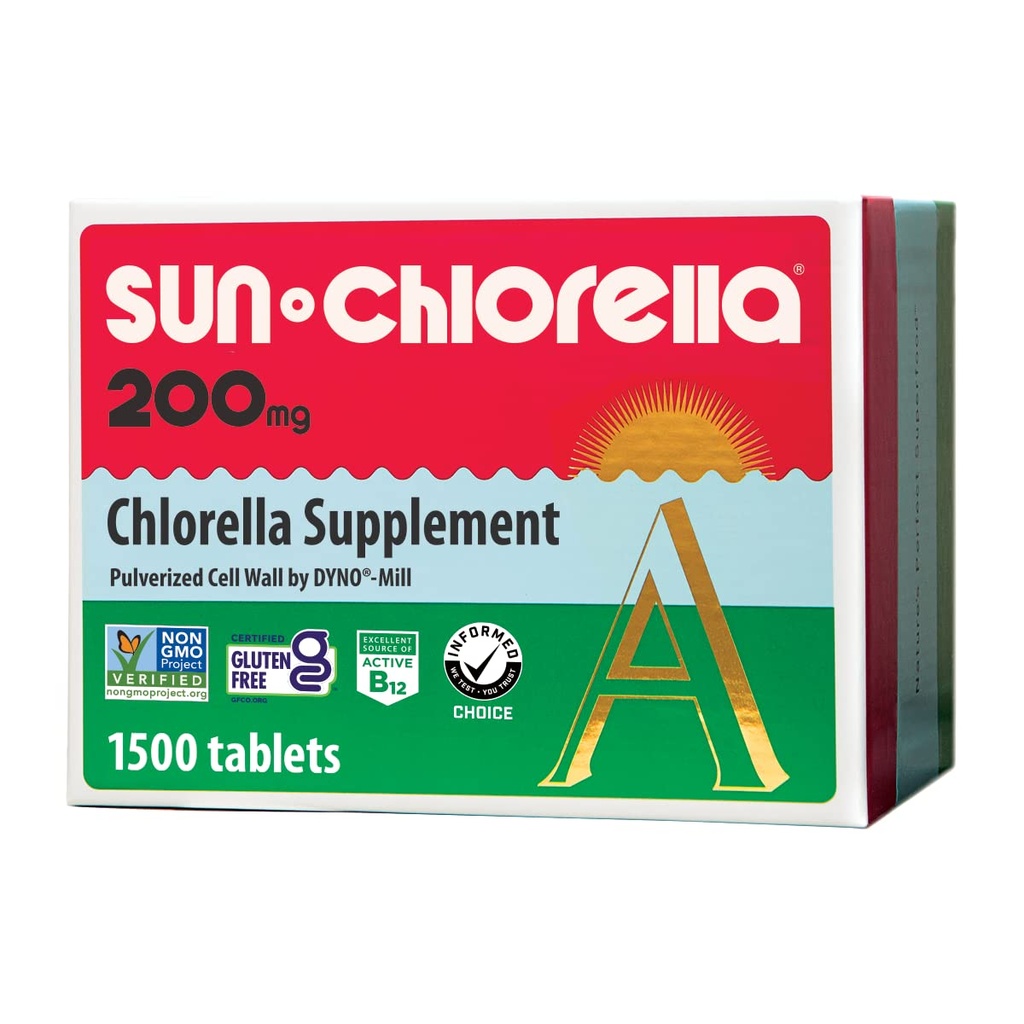 Sun Chlorella 200 mg Green Algae Superfood Suffood Suplement - Pulverized Cell Wall - Chlorofil, CGF, Aktif B12, Besi, Protein - Non-GMO - 1500 Tablet