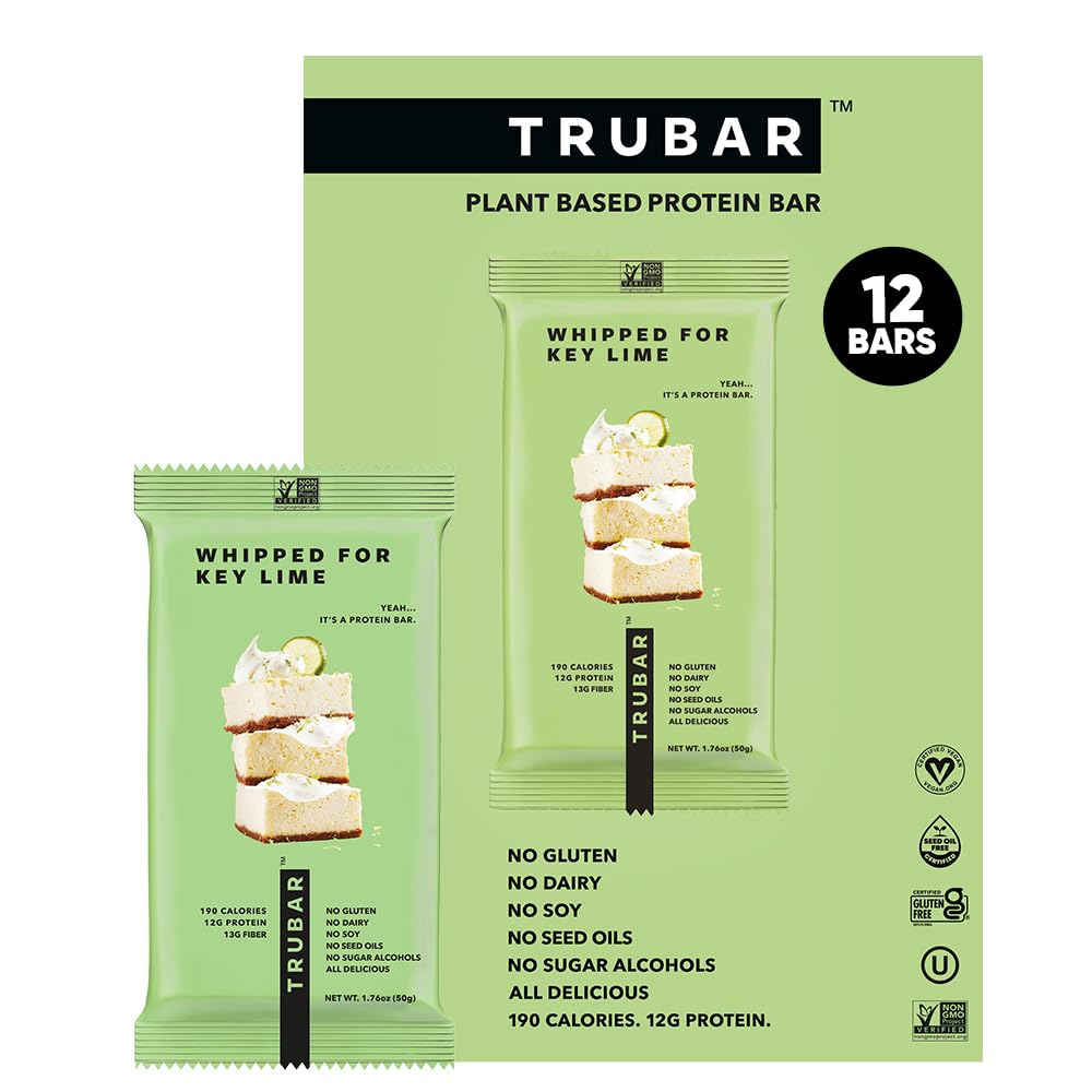 Bar TRUBAR Vegan Protein, Whipped for Key Lime, Gluten Free, Plant Based, High Fiber, Dairy Free, Low Fat, Non GMO, No Sugar Alcohols, 12G Lean Protein, 13G Fiber, Healthy Snack Bars, 12 CT