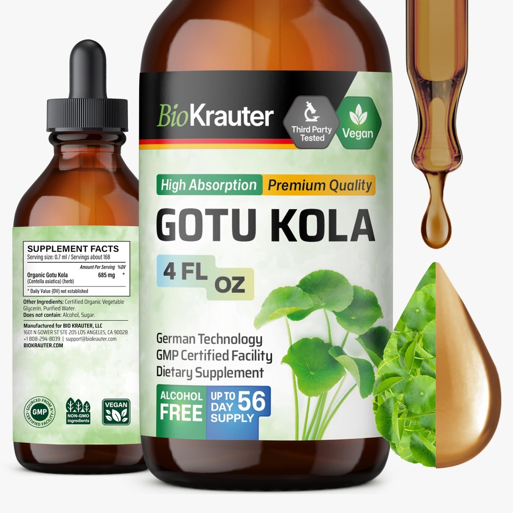 BIO KRAUTER Gotu Kola Tincture - Centella Asiatica Extract - Alkohol dan Gula Free Gotu Kola Ekstraksi - Vegan Drops 4 Fl.Oz.
