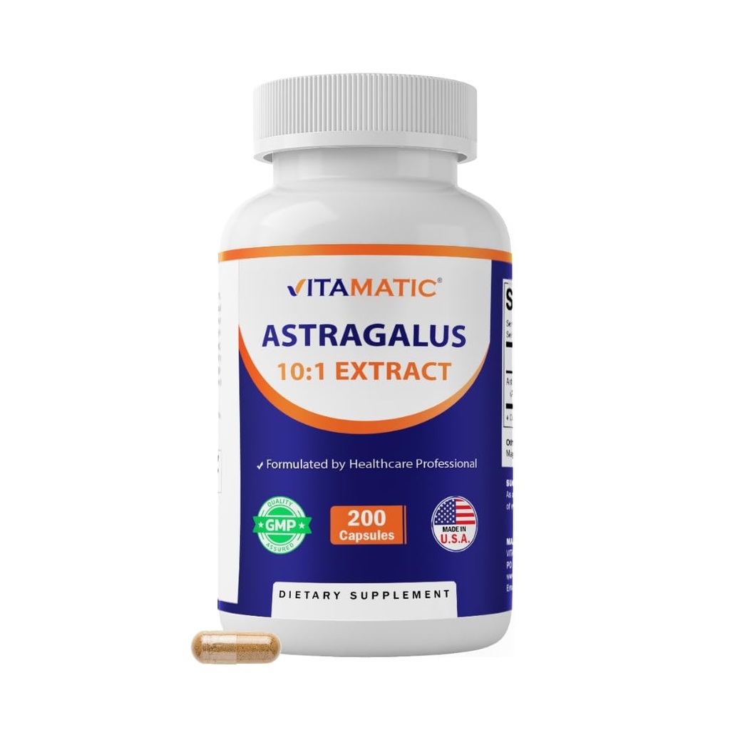 Vitamatic Astragalus Capsules 200 Veg Capsules - 10: 1 Astragalus Ekstrak 500mg - Non-GMO, Gluten- Free