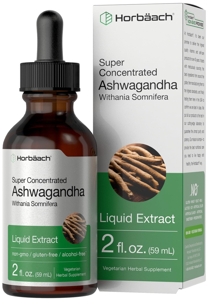 Horbäach Ashwagandha Liquid Drops Akar 124; 2 Fl Oz 124; Tincture Extract for Women and Men 124; Suplemen Bebas Alkohol: Withania Somnifera Root 124; Vegetarian, Non-GMO, dan Glute