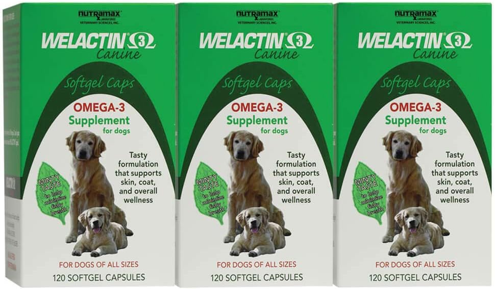 Nuttramax Welaktin Omega- 3 Fish Oil Skin dan Car Suplemen Cairan Kesehatan untuk Anjing - 3 Pack, 360 Total Softgels
