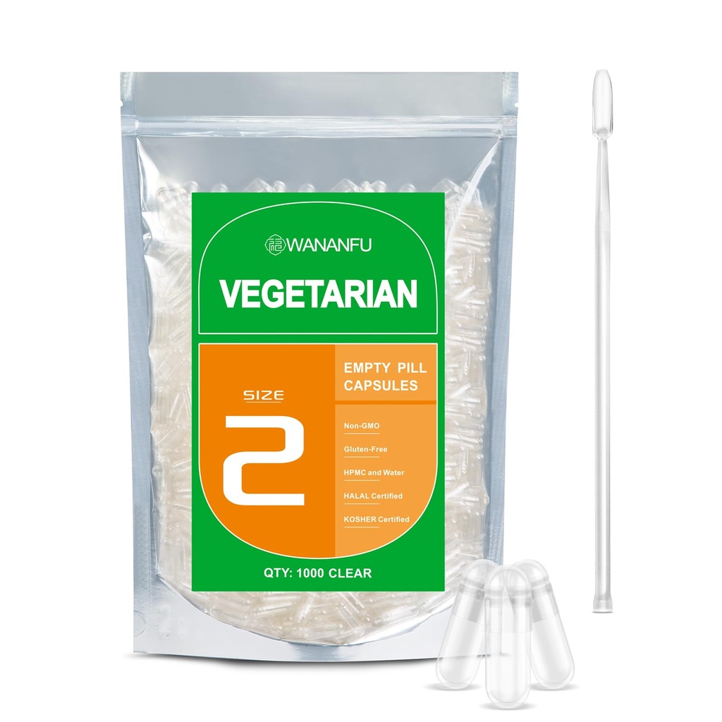 wananfu Ukuran 2 Kosong Capsules Vegetarian (500 Count) Bundle dengan 2 Micro Lab Spoons, Clear Filable Fever Pill Capsules Ukuran 2 untuk Membuat Suplemen Sendiri Anda