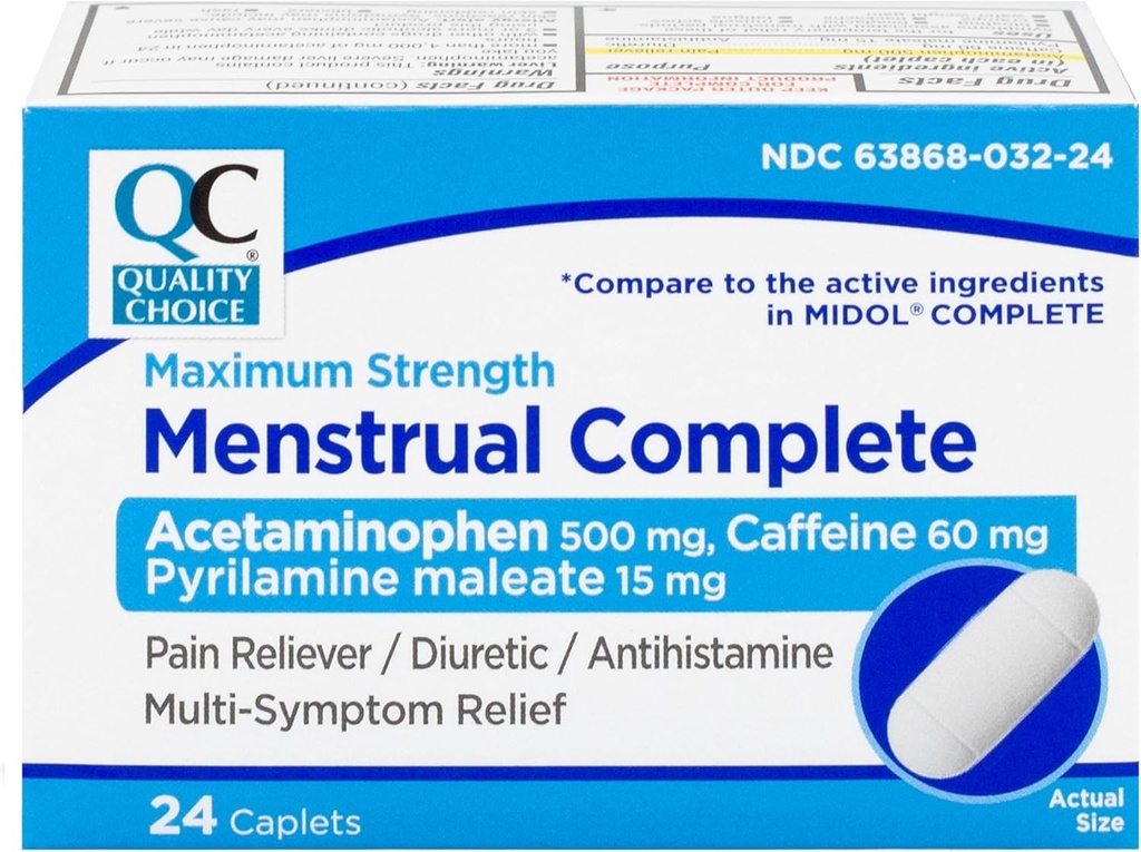 Quality Choice Menstrual Complete Max Energy Perith Relief, 500 mg of Acetaminophen, 60mg of Caffeine, 15mg of Pyrilamine Maleate, Cramps, Bloating, Headache. 24 Count.