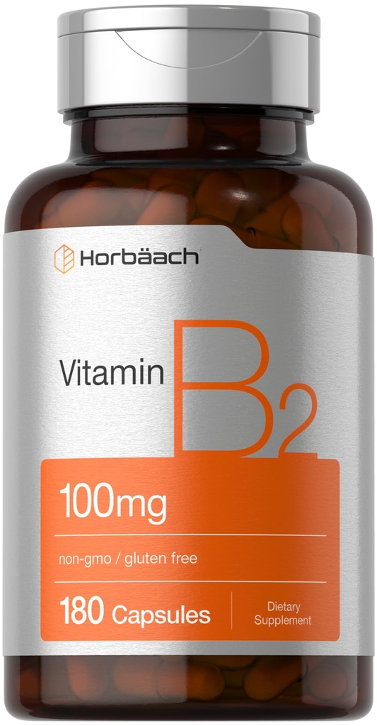 Horbäach Vitamin B2 100mg 124; 180 Capsules 124; Riboflavin Suplement 12.4; Non-GMO & Gluten Bebas