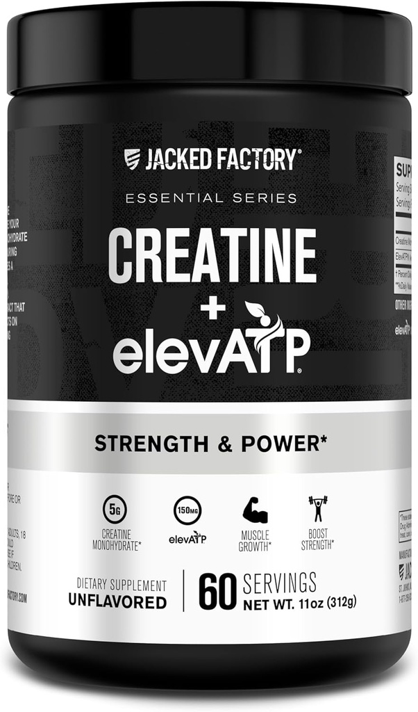 Jacked Factory Creatine + EleaATP - Creatine Monohydrate Powder for Muscle Growth, Increased Strength, Enhanced Energy Keluaran, dengan EleaATP untuk Energi Tersuapan & Endurance - 60 Servings, Unflashed