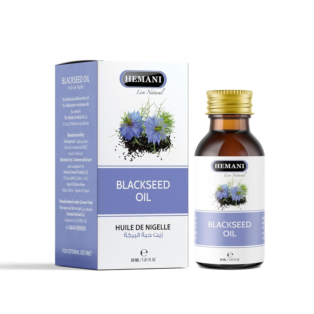 Hemani Black Seed Oil 30ml - Murni Premium Cold Menekan Nigella Sativa Black Cumin Oil untuk Kesehatan Digetical, Fungsi Otak, Dukungan Sistem Imune. Sumber Alam Thymoquinone