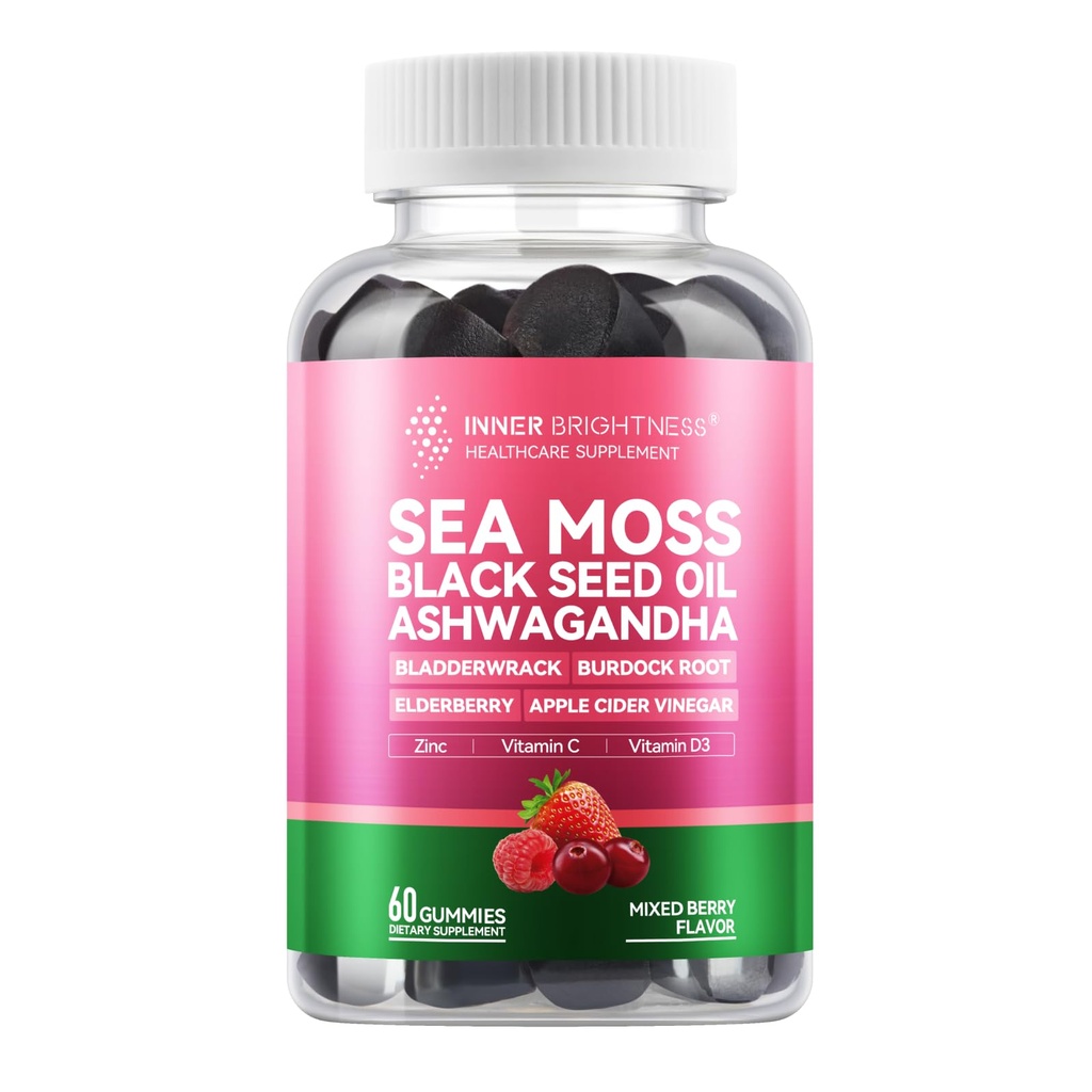 Sea Moss 4000mg Gummies with Ashwagandha, Elderberry, Apple Cider Vinegar, Bladdercrack, Burdock Root - Imune Dukung - Mixed Berry Flavor - 60 Count