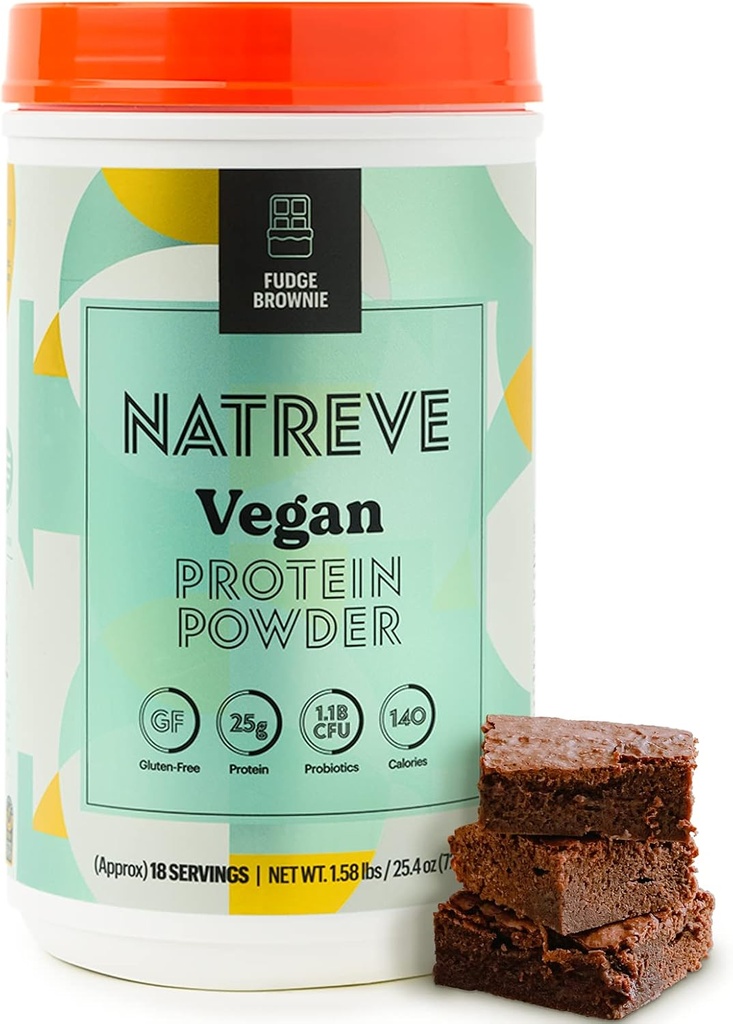Natreve Vegan Protein Powder - 25g Plant Based Protein Powder with Propoculum and Acids - Gluten Free Fudge Brownie, 18 Servis