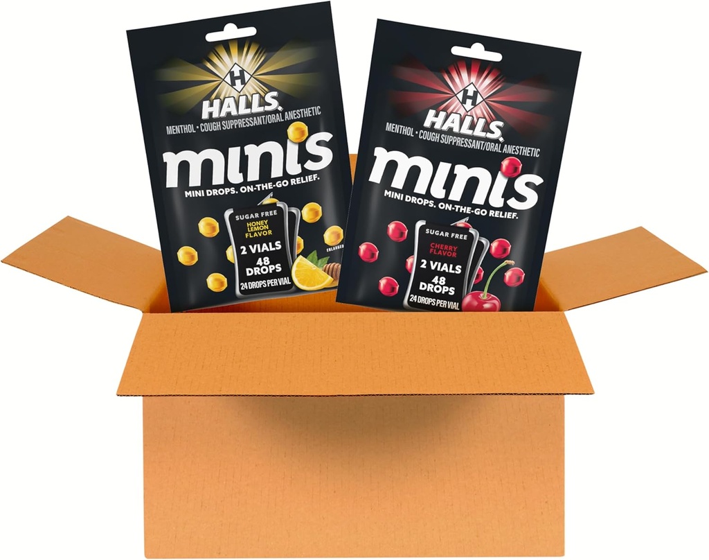 HALLS Minis Cherry dan Honey Lemon Sugar Free Cough Drough Variety Pack, 2 Bags, 4 Packs (96 Total Drops)