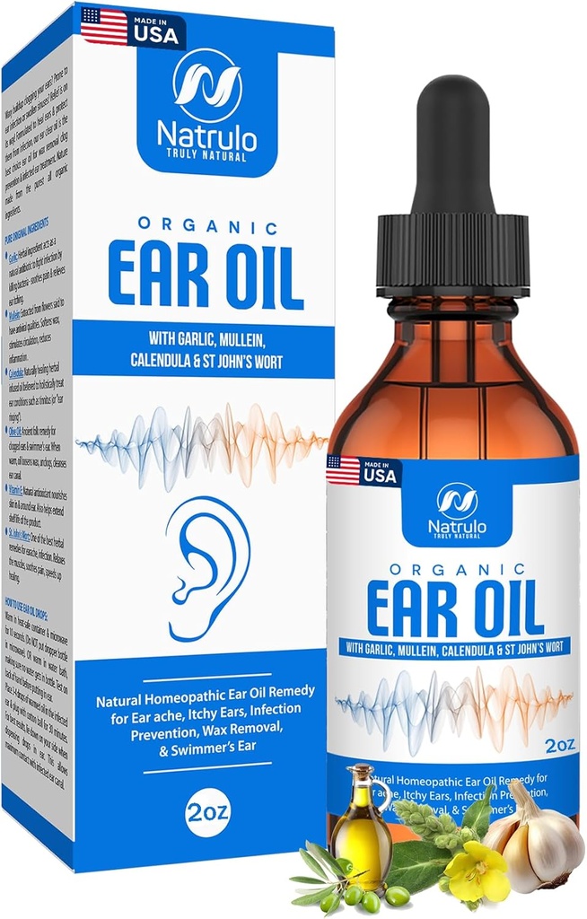 Minyak Telinga Organik untuk Infeksi Telinga - Eardrops Natural untuk Pencegahan Earache, Ear Perenang & Wax Removal - Anak-anak, Dewasa, Bayi, & Dog Earache Remedy - dengan Mullein, Garlic, Calendula Made di Amerika Serikat (2 Oz)