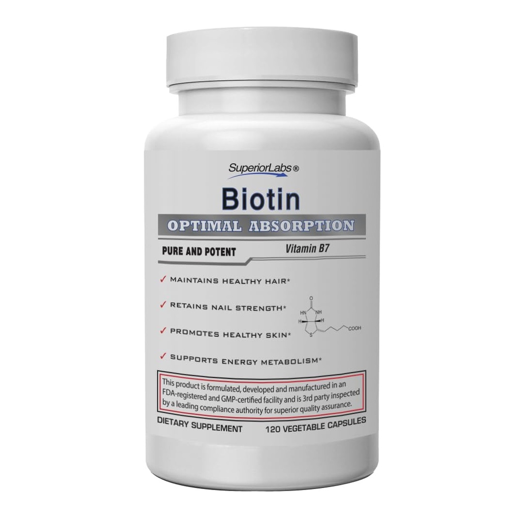 Lab Superior Terbaik Biotin NonGMO Tambahan - untuk Luscious Longer Rambut dan Lashes - Stronger Nails - Sehat Skin - Energi Booster - Sehat Berat - 5000 mcg, 120 Vegetable Caps