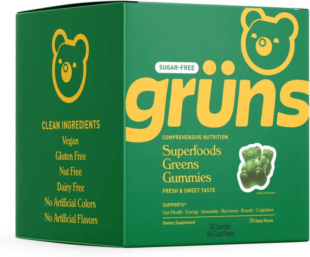 Gruns Sugar Free Super Greens Gummy - Organic Spirulina dan Chlorella, Pregories for Digetical Health, 20 + Vitamin dan Mineral, Adaptogens - 30 sachets - 240 Gummies